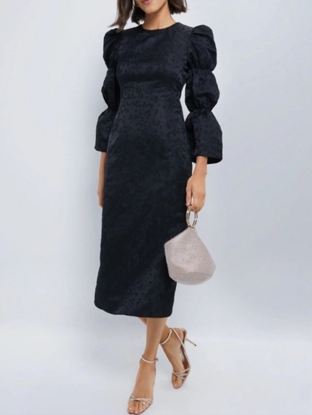HYACINTH HOUSE Darcy Black Jacquard Puff Sleeve Midi Dress-M